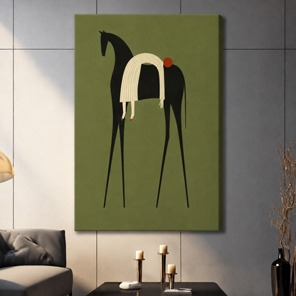 Minimalist illustration of a tall slender black horse with a flowing cream striped mane and small red dot accent on an olive green background abstract animal wall art stretched canvas dark panel wall living room