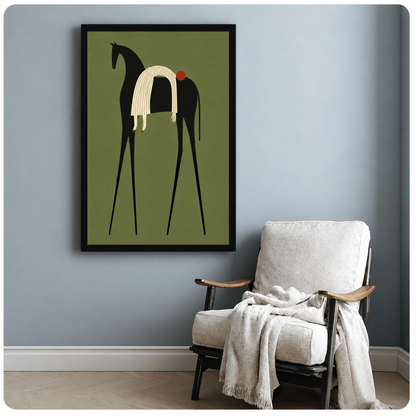 Minimalist illustration of a tall slender black horse with a flowing cream striped mane and small red dot accent on an olive green background abstract animal wall art framed print beside armchair blue-gray wall
