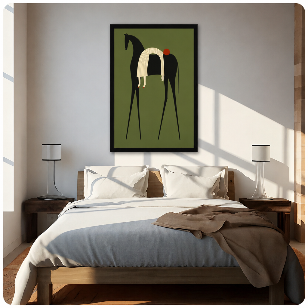 Minimalist illustration of a tall slender black horse with a flowing cream striped mane and small red dot accent on an olive green background abstract animal wall art framed print above bed sunlit bedroom
