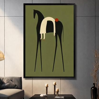 Minimalist illustration of a tall slender black horse with a flowing cream striped mane and small red dot accent on an olive green background abstract animal wall art framed print dark panel wall living room