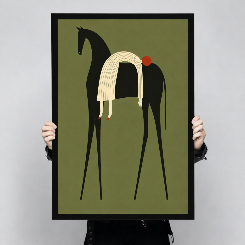 Minimalist illustration of a tall slender black horse with a flowing cream striped mane and small red dot accent on an olive green background abstract animal wall art framed print held up