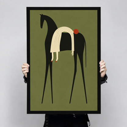 Minimalist illustration of a tall slender black horse with a flowing cream striped mane and small red dot accent on an olive green background abstract animal wall art framed print held up