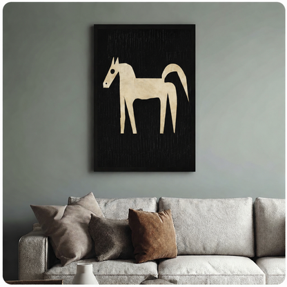 Minimalist black and cream horse canvas art above a neutral linen sofa on a sage green accent wall