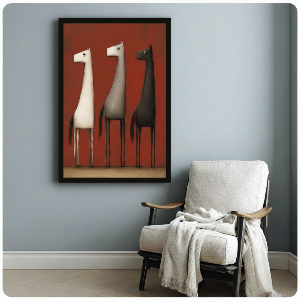 Framed minimalist wall art featuring three abstract horses in black, white and grey on a deep red background, displayed beside a white armchair in a cozy reading nookFramed minimalist wall art featuring three abstract horses in black, white and grey on a deep red background, displayed beside a white armchair in a cozy reading nook