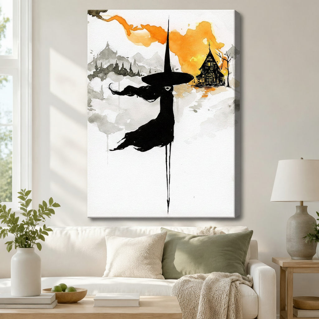 Stretched canvas wall art of a poetic ink-wash witch in a flowing black cloak and witch hat flying over gray sumi-e mountains with a glowing orange haunted cottage and trailing ink drips on a clean white background, hung in a bright living room above a cream sofa with a sage green pillow and a gray ceramic table lamp