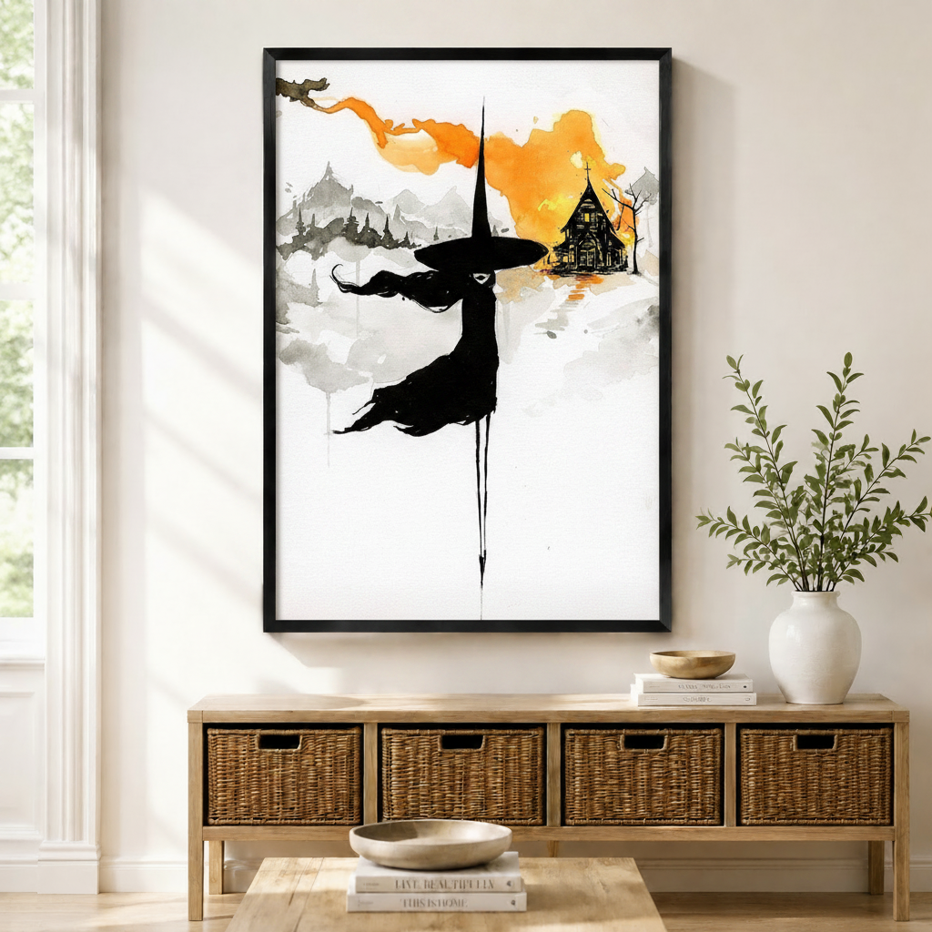 Black framed minimalist ink watercolor flying witch canvas art with a black-cloaked witch in a pointed hat soaring through gray misty mountains beside an orange-washed gothic house with dripping ink brushstrokes on a white background, displayed on a light gray wall above a wooden rattan storage console with a white vase of greenery
