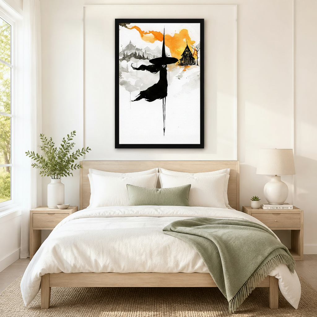 Black framed minimalist ink watercolor flying witch canvas art with a black-cloaked witch in a pointed hat soaring over gray sumi-e mountains beside an orange-washed gothic house with dripping ink brushstrokes on a white background, hung above a wooden bed frame in a sun-drenched bedroom with crisp white linen bedding, a sage green throw, and a round white nightstand lamp
