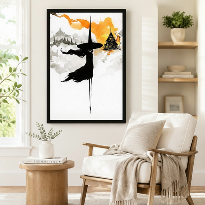 Black framed minimalist watercolor witch canvas art showing a black-robed witch in a pointed hat gliding through soft gray ink mountains beside an orange-tinted gothic house with dripping brushstrokes on a white background, displayed on a white wall beside a light upholstered wooden armchair draped with a cream fringed throw blanket near a shelf of plants
