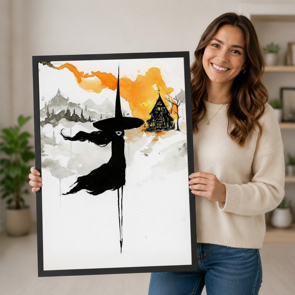 Person holding a large vertical black framed minimalist ink watercolor flying witch canvas art print showing a black-cloaked witch in a pointed hat soaring past gray misty mountains and an orange-washed gothic cottage with dripping ink details on a white background in a bright plant-filled room