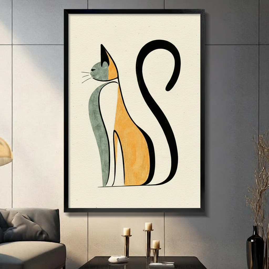Minimalist line art cat in amber and sage green framed canvas wall art displayed in modern living room with grey wall and candlestick decor