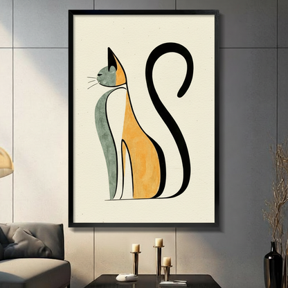 Minimalist line art cat in amber and sage green framed canvas wall art displayed in modern living room with grey wall and candlestick decor