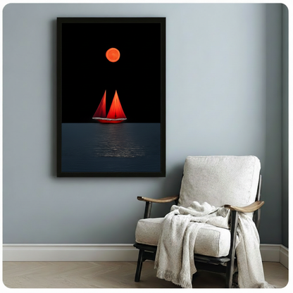 Framed minimalist canvas print of a red sailboat under an orange moon on a calm dark sea, hung on a light blue-grey wall beside a cozy white linen armchair in a Scandinavian-style reading nook