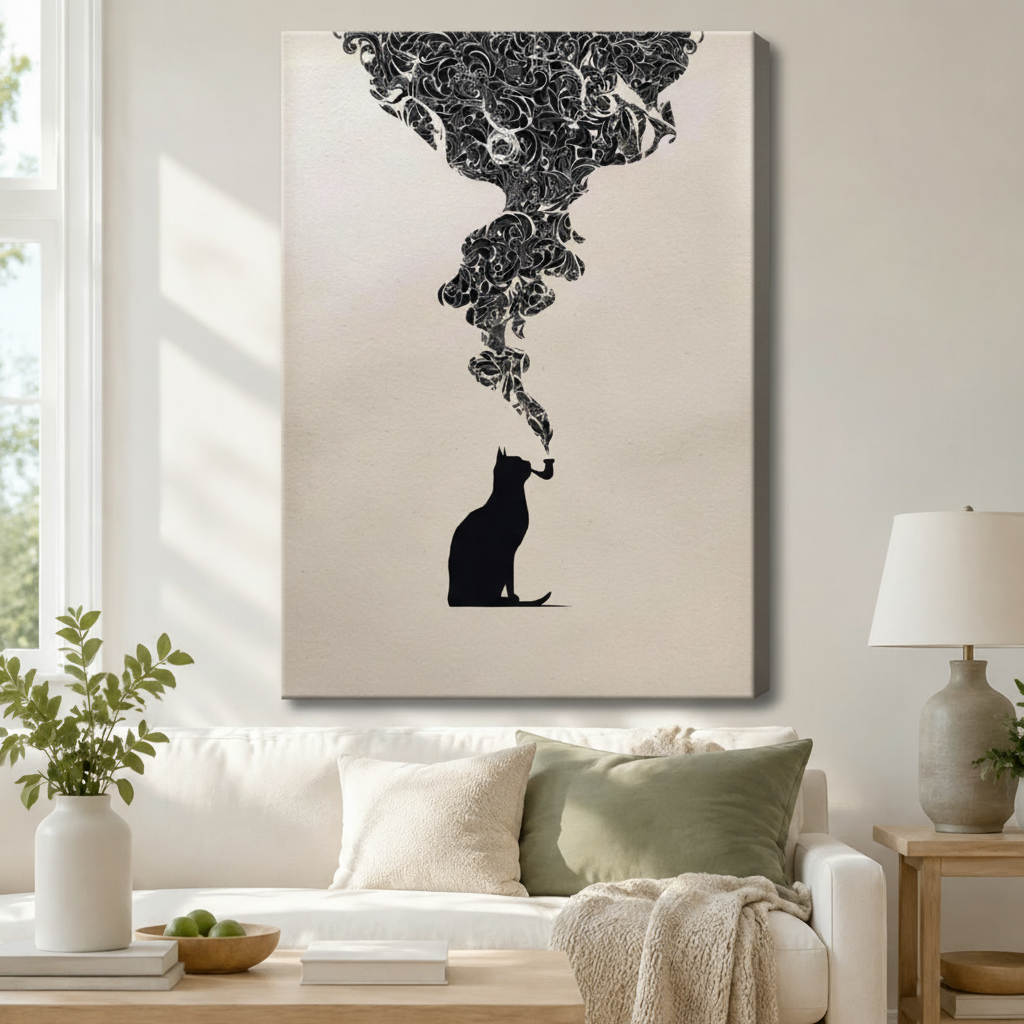Minimalist black cat silhouette smoking pipe gallery wrap canvas art with ornate smoke cloud above a white sofa with sage green cushions, a knit throw blanket, and a ceramic table lamp
