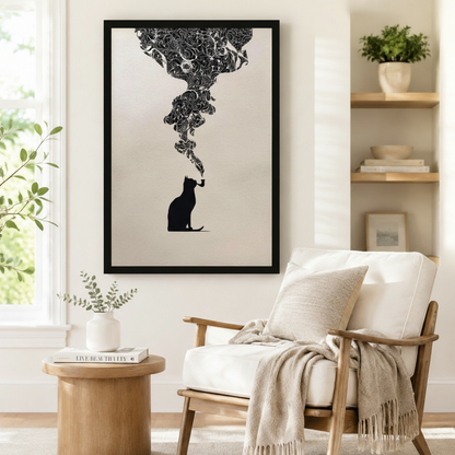 Black framed minimalist cat smoking pipe wall art with intricate smoke swirl beside a white linen armchair with a linen throw blanket and open wood shelving in a Scandinavian living room