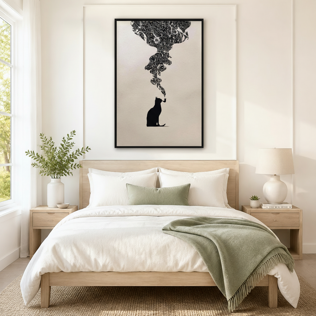 Black framed minimalist black cat smoking pipe canvas art with ornate smoke cloud above a bed with white linen bedding, a sage green throw blanket, light wood nightstands, potted plants, and a ceramic table lamp