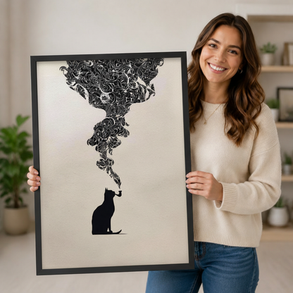  Minimalist black cat silhouette smoking pipe black framed art print with ornate swirling smoke cloud against a neutral indoor background with potted plants