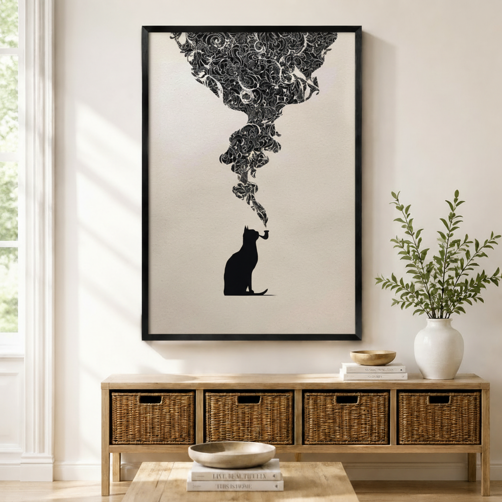 Black framed minimalist smoking cat art print with decorative swirling smoke above a rattan sideboard with wicker baskets, stacked books, and a white ceramic vase in a bright Scandinavian living room