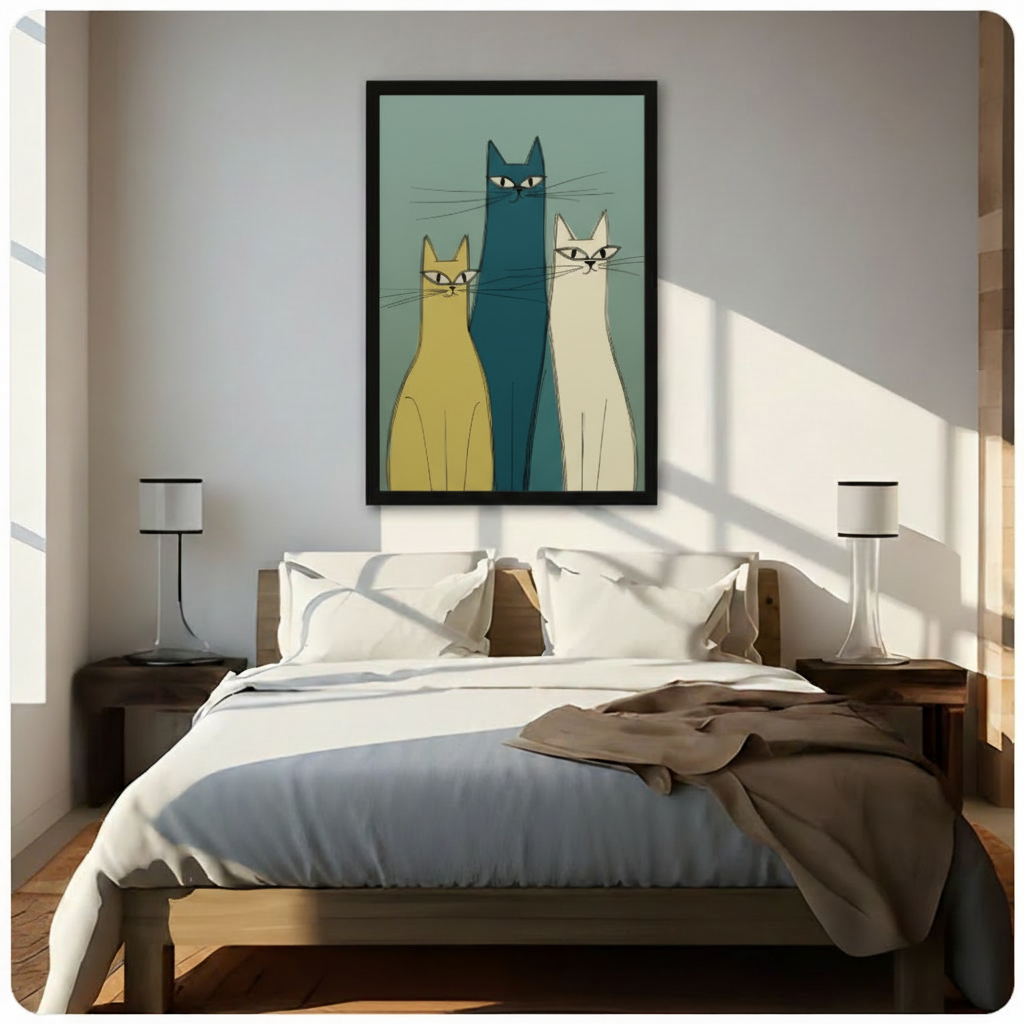 Framed minimalist canvas of three mid-century modern stylized cats in teal, yellow, and white, displayed above a wooden bed with white linen in a sunlit Scandinavian bedroom