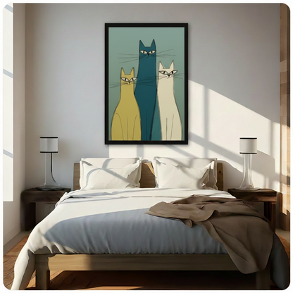 Framed minimalist canvas of three mid-century modern stylized cats in teal, yellow, and white, displayed above a wooden bed with white linen in a sunlit Scandinavian bedroom