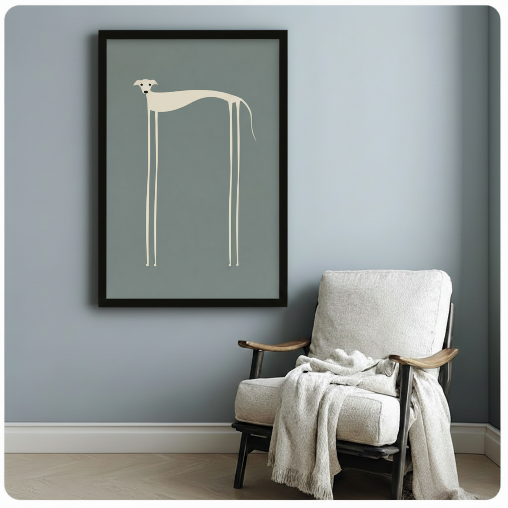 Framed minimalist whippet art print with elongated cream line-art dog on blue-grey background, displayed beside a white linen armchair in a calm Scandinavian-style reading nook