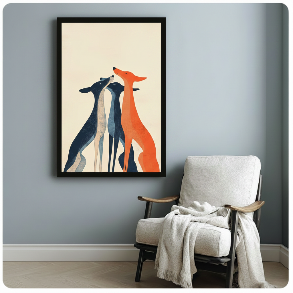 Black-framed minimalist art print of three slender greyhounds in navy blue and burnt orange, styled beside a white armchair in a light blue-gray reading nook