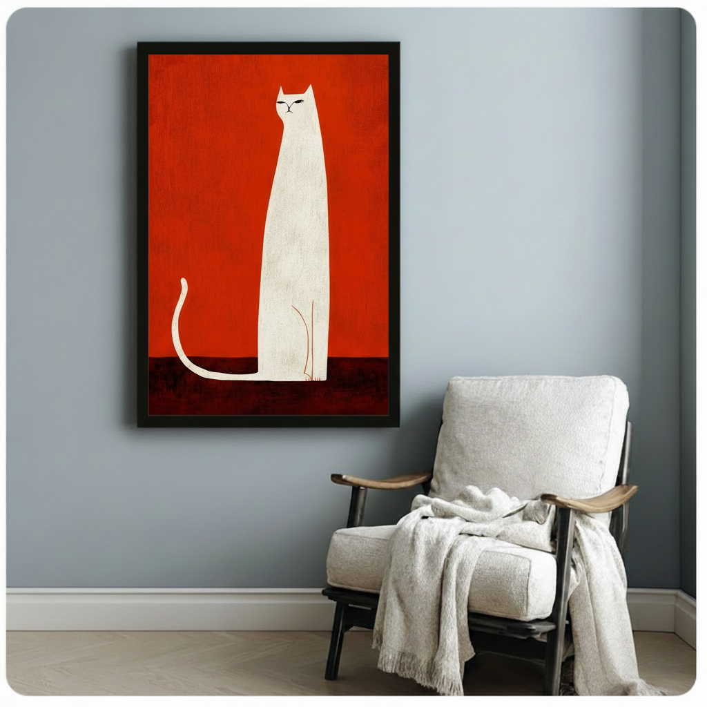 Bold white cat on red background canvas art in black frame, hung on blue-grey wall beside white linen armchair in Scandinavian-style room