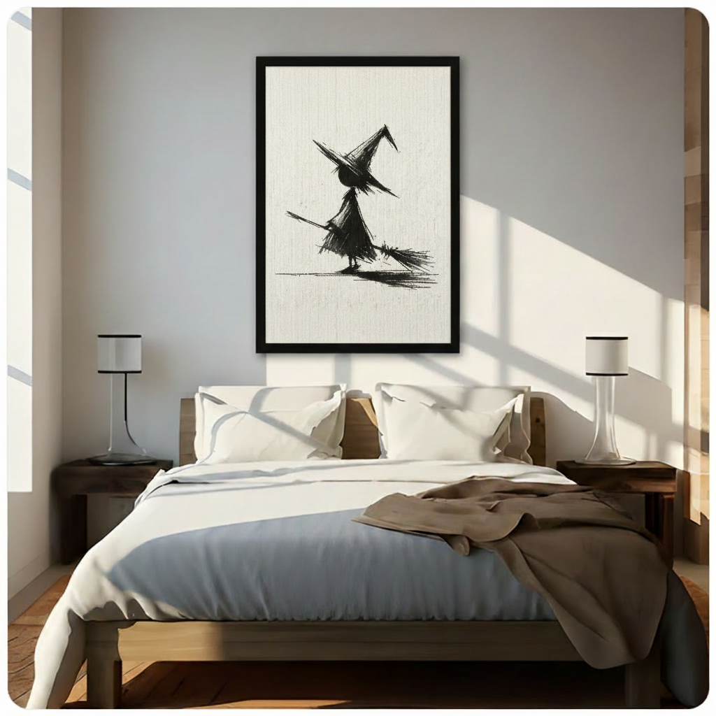 Black framed canvas wall art of a bold ink sketch witch holding a broom, displayed above a wooden bed in a sunlit minimalist bedroom with white bedding