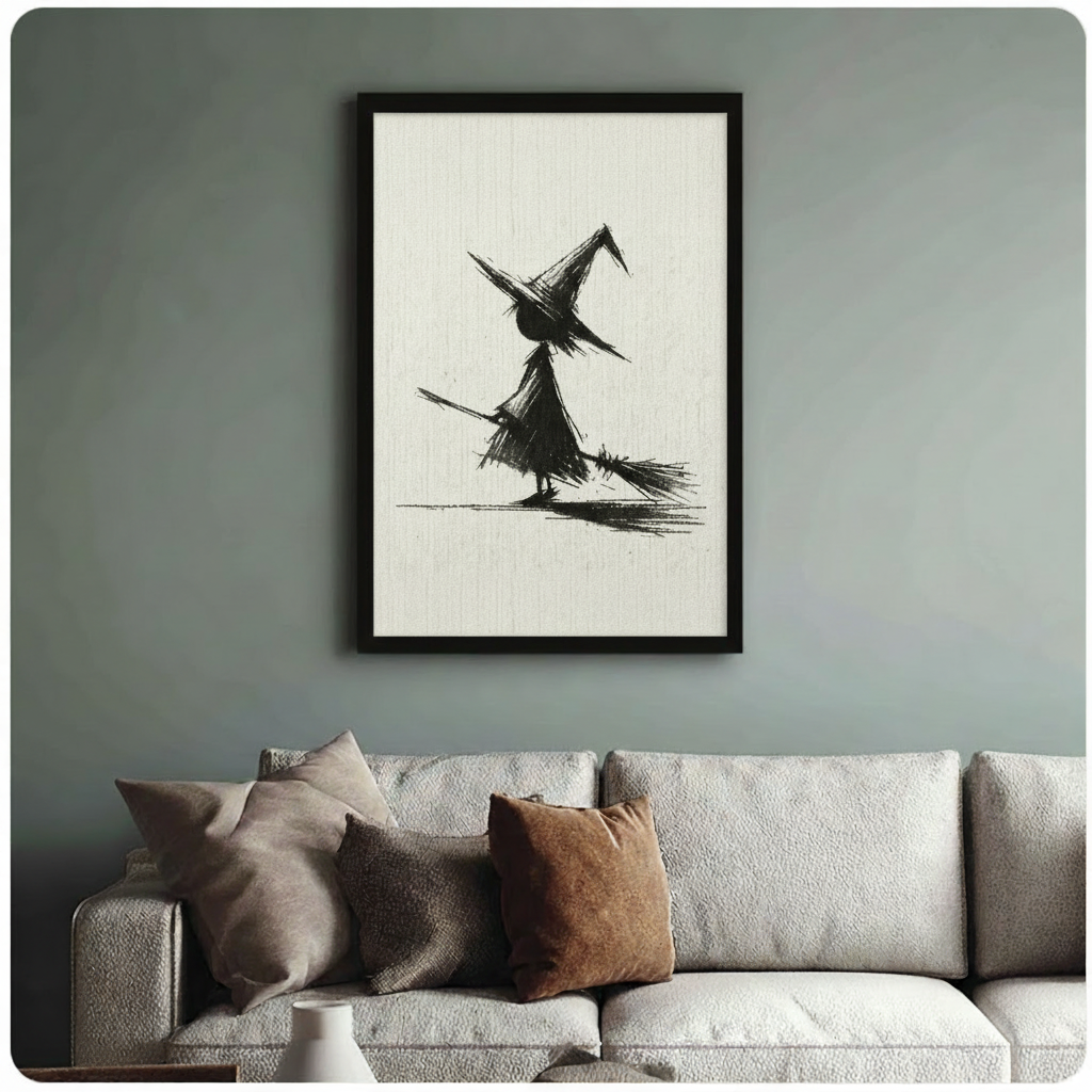 Black framed minimalist witch broom canvas print hung on a warm beige wall above a grey sofa, styled in a modern living room with text overlay