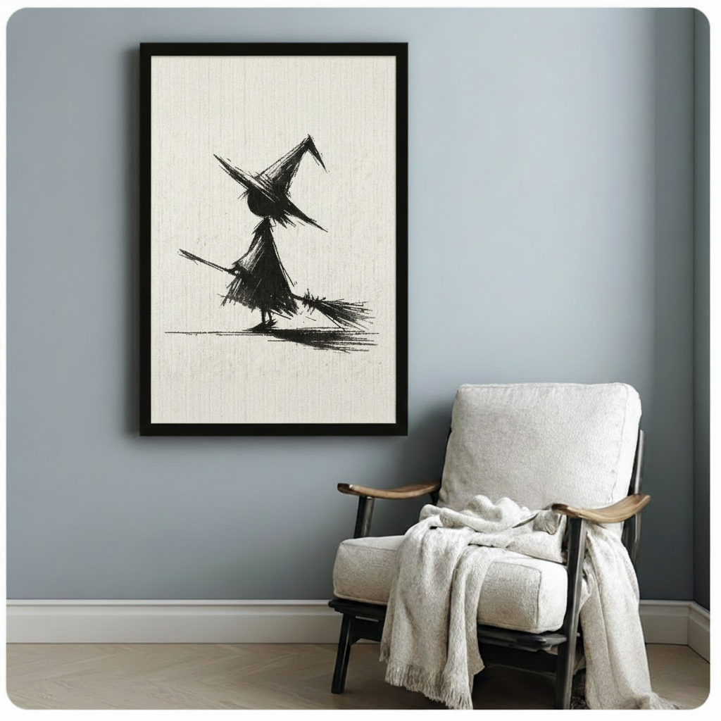 Framed minimalist witch and broom ink drawing on cream canvas, styled beside a cozy white armchair on a light blue-grey wall