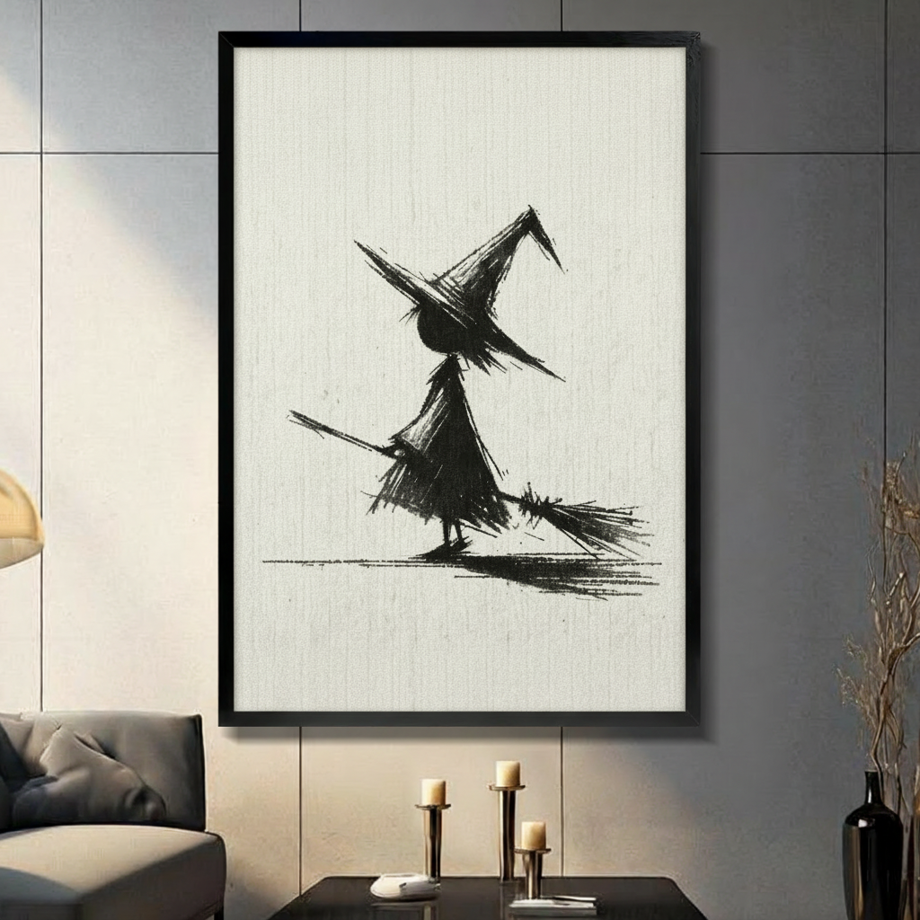 Gallery wrap canvas print of a minimalist ink sketch of a witch holding a broom in a pointed hat, displayed in a moody living room with dark grey wall and candles