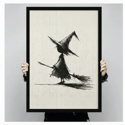 Person holding a black framed canvas print of a minimalist witch with broom sketch, showing actual print size against a neutral grey background