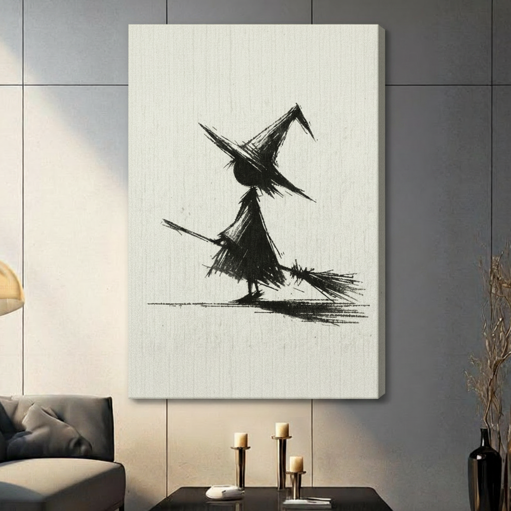 Black framed canvas art of a whimsical witch silhouette with broom in bold ink sketch style, hung above a neutral linen sofa on a sage green wall