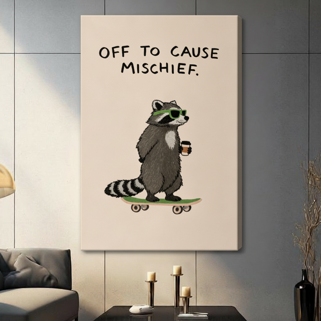 Gallery wrapped canvas of a cool raccoon on a green skateboard holding coffee with whimsical quote, unframed wall art in a contemporary living room setting