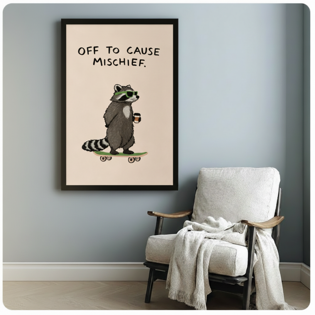 Black framed raccoon mischief poster print hung on a blue-grey wall above a linen armchair, funny animal art for living room or bedroom decor