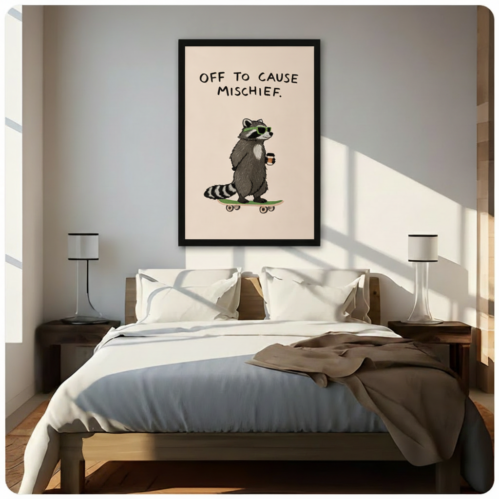 Black framed raccoon skateboarder wall art print displayed above a wooden bed with white linen bedding, warm natural light bedroom decor with nightstand lamps