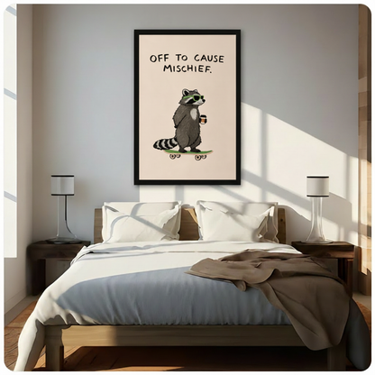 Black framed raccoon skateboarder wall art print displayed above a wooden bed with white linen bedding, warm natural light bedroom decor with nightstand lamps