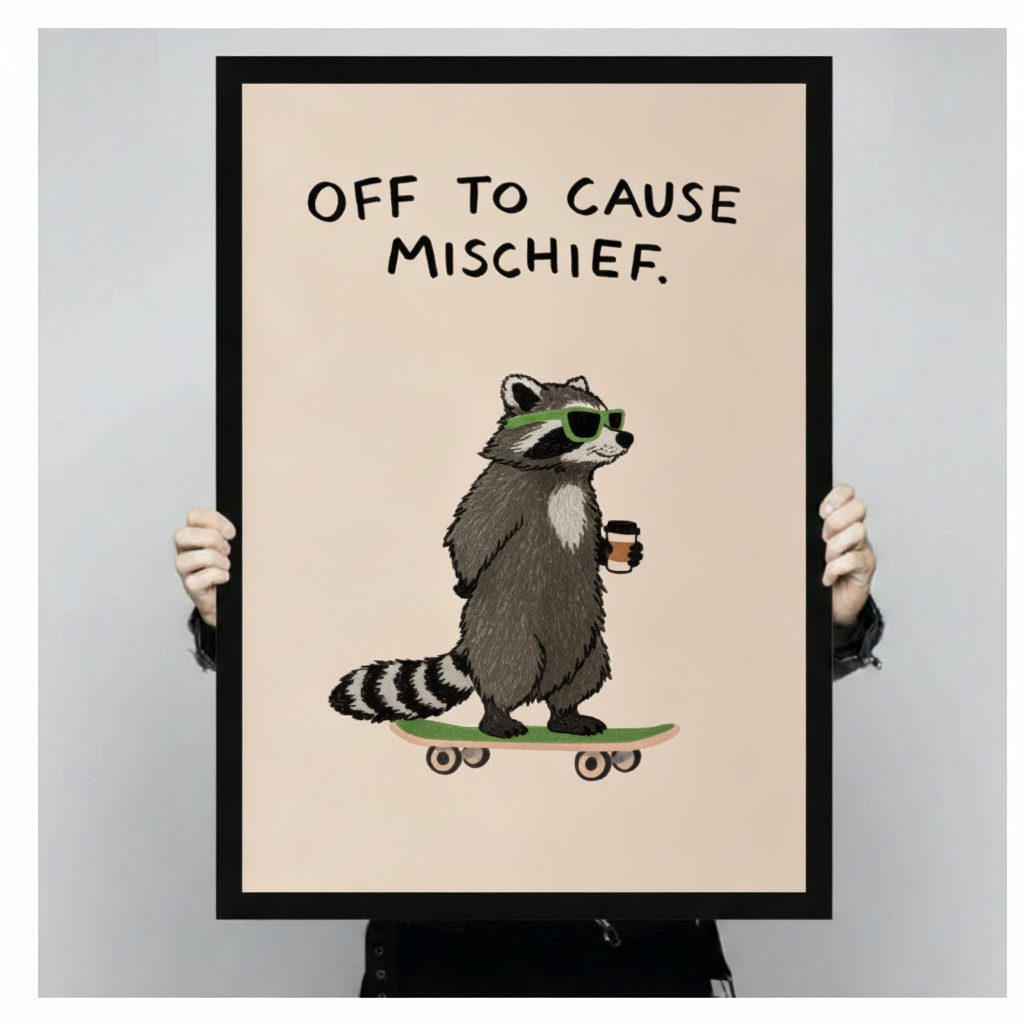 Person holding a black framed raccoon skateboard art print against a light grey backdrop, close-up view of "Off to Cause Mischief" whimsical wall art poster