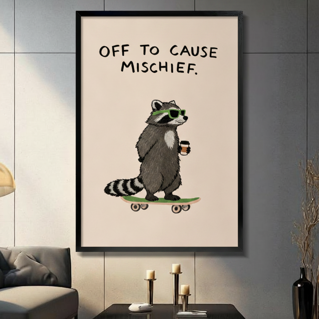 Framed raccoon skateboarder art print with "Off to Cause Mischief" quote in black frame, displayed above a dark console table in a modern living room