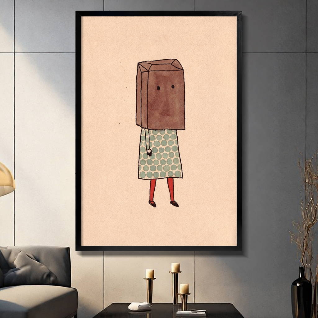 Framed paper bag girl canvas art above a sofa, with peach background and playful red tights.