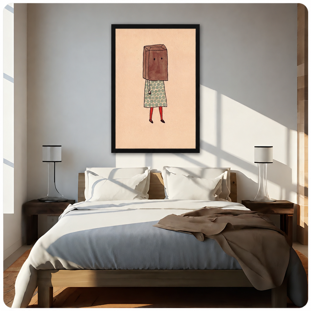 Paper bag girl wall art displayed above a sunlit bed in a calm, neutral bedroom