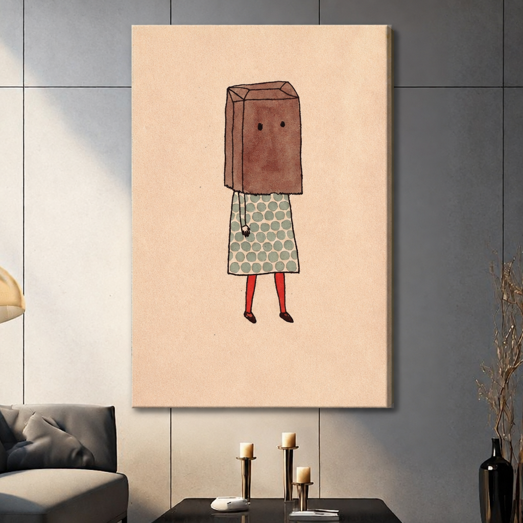 Unframed paper bag girl canvas art on a paneled wall beside a sofa and candles.