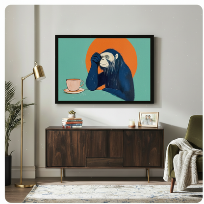 Framed canvas print of a relaxed monkey contemplating a coffee cup on teal and orange background, displayed above a wooden sideboard in a stylish living room