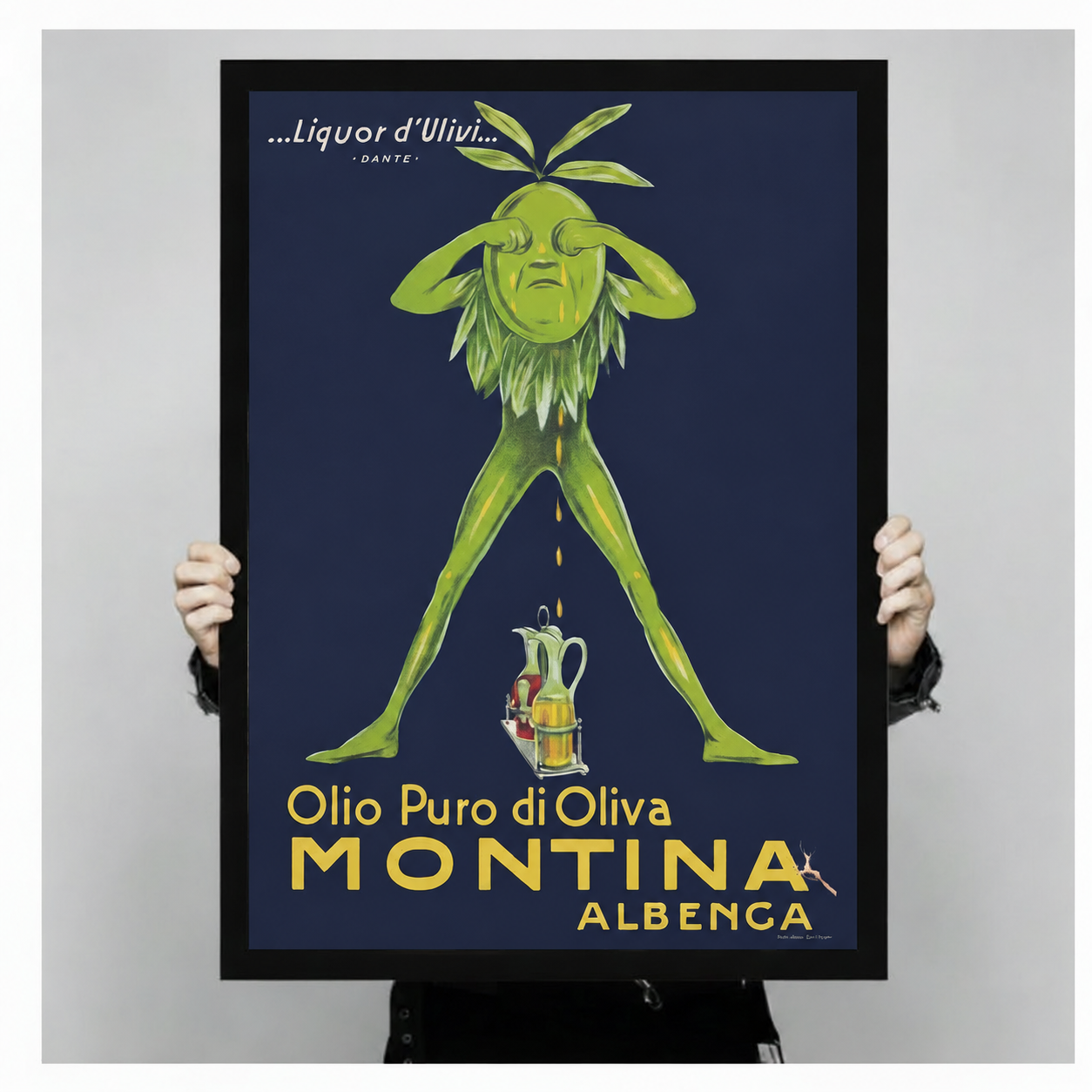 Montina Albenca vintage olive oil advertisement framed art print – classic Italian retro poster with green olive figure – premium wall art gift for kitchen or dining room decor