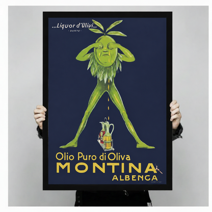 Montina Albenca vintage olive oil advertisement framed art print – classic Italian retro poster with green olive figure – premium wall art gift for kitchen or dining room decor