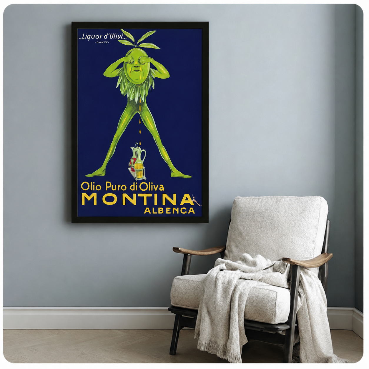Black framed vintage Italian olive oil poster print – Montina Albenca "Olio Puro di Oliva" retro advertisement wall art – art deco olive figure illustration for living room or reading nook decor
