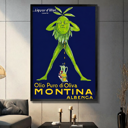 Black float-framed canvas vintage Italian olive oil poster – Montina Albenca retro advertisement art print – bold navy and green art deco wall decor for contemporary living room