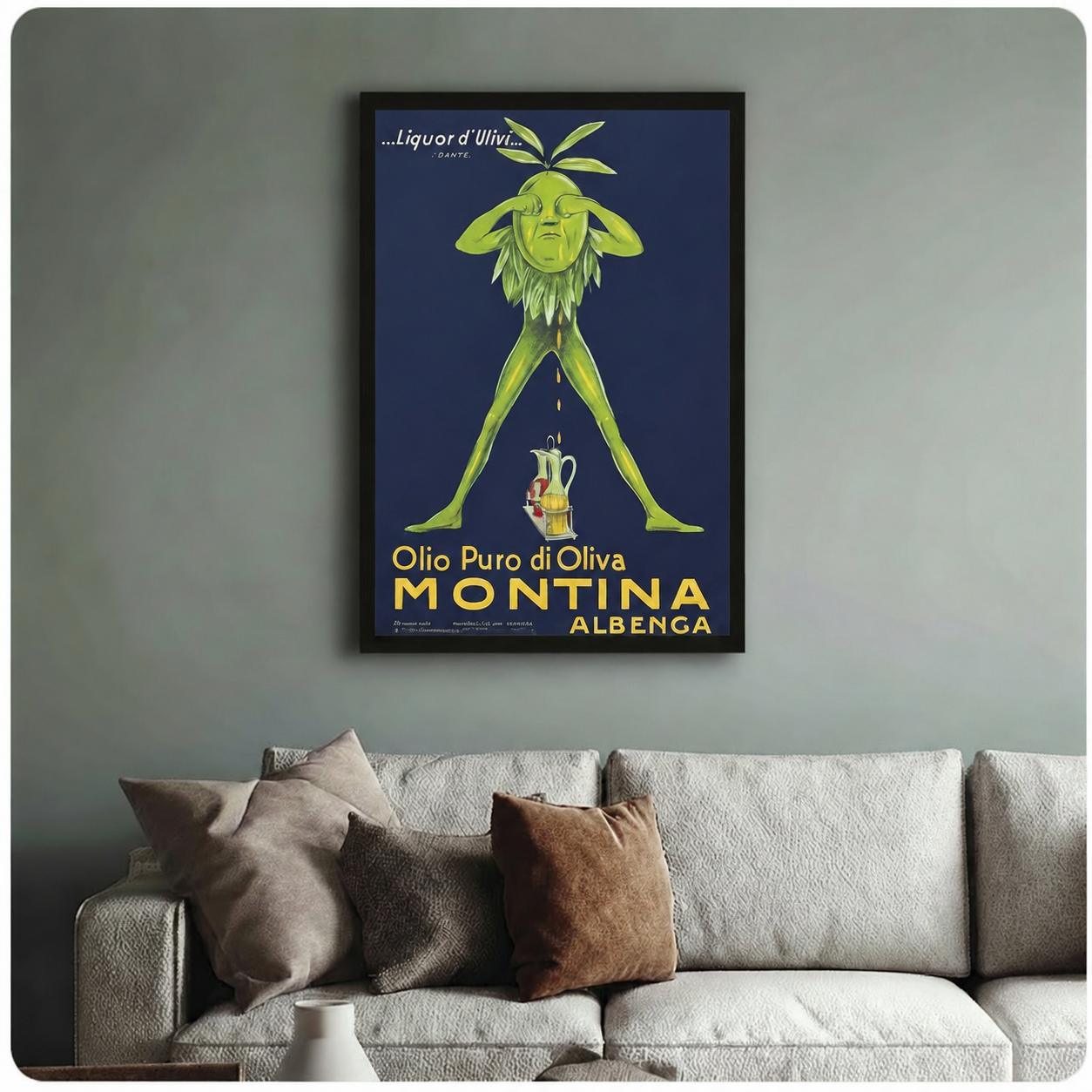 Vintage Montina Albenca olive oil art print in black frame above sofa – Italian retro food advertisement poster – art deco kitchen and living room wall decor