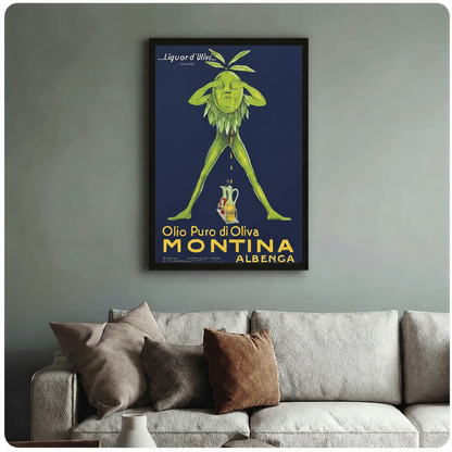 Vintage Montina Albenca olive oil art print in black frame above sofa – Italian retro food advertisement poster – art deco kitchen and living room wall decor