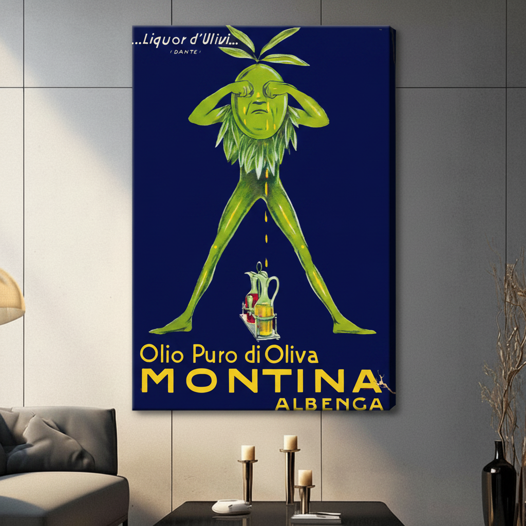 Montina olive oil vintage poster canvas wall art – unframed canvas wrap with classic Italian art deco olive figure illustration – large retro print for modern dining room or kitchen decor