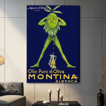 Montina olive oil vintage poster canvas wall art – unframed canvas wrap with classic Italian art deco olive figure illustration – large retro print for modern dining room or kitchen decor
